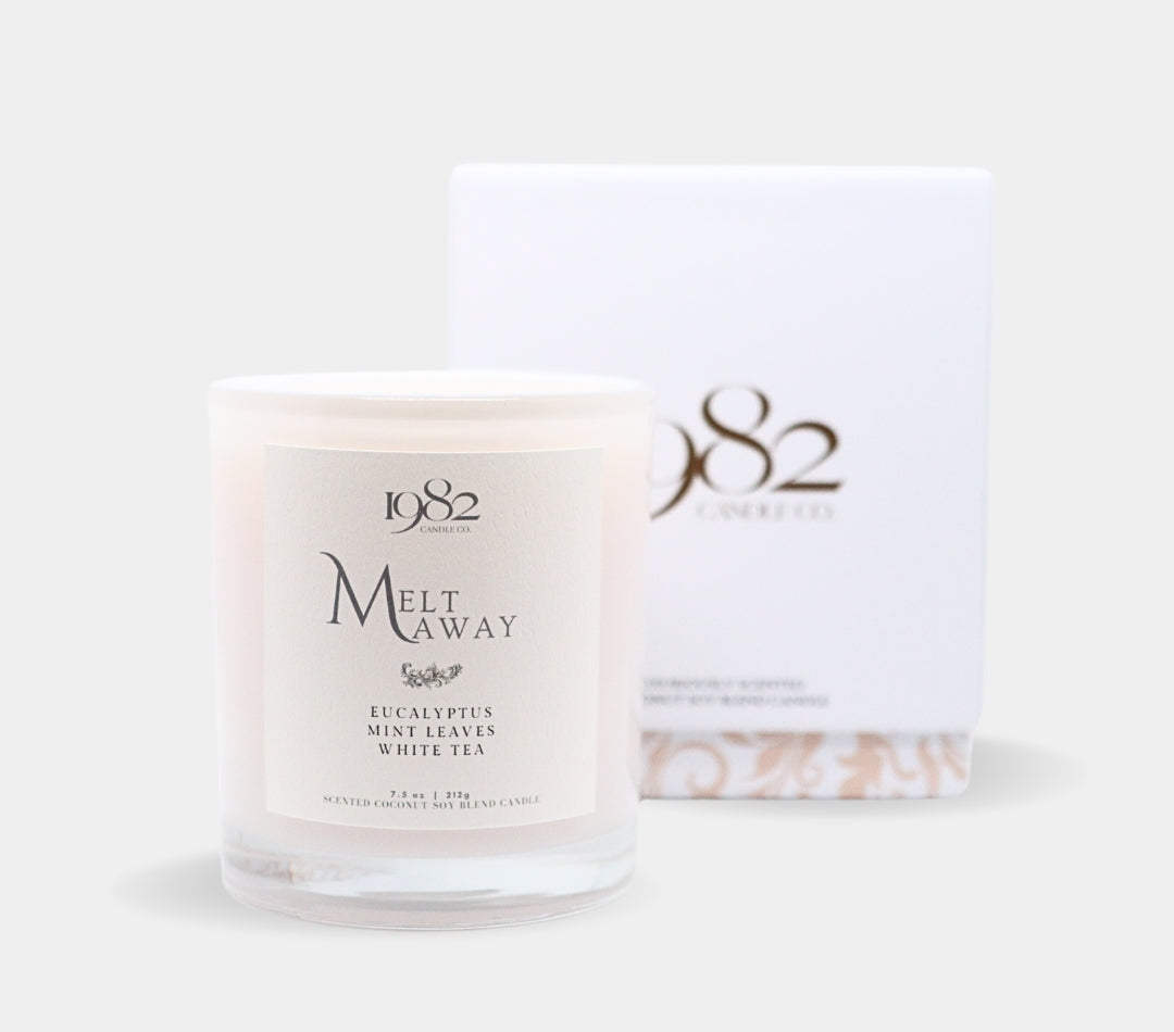 Melt Away (7.5oz Single Wick) - Notes:  Notes: Eucalyptus, Fresh Mint, White Tea Leaves & Jasmine Blossoms