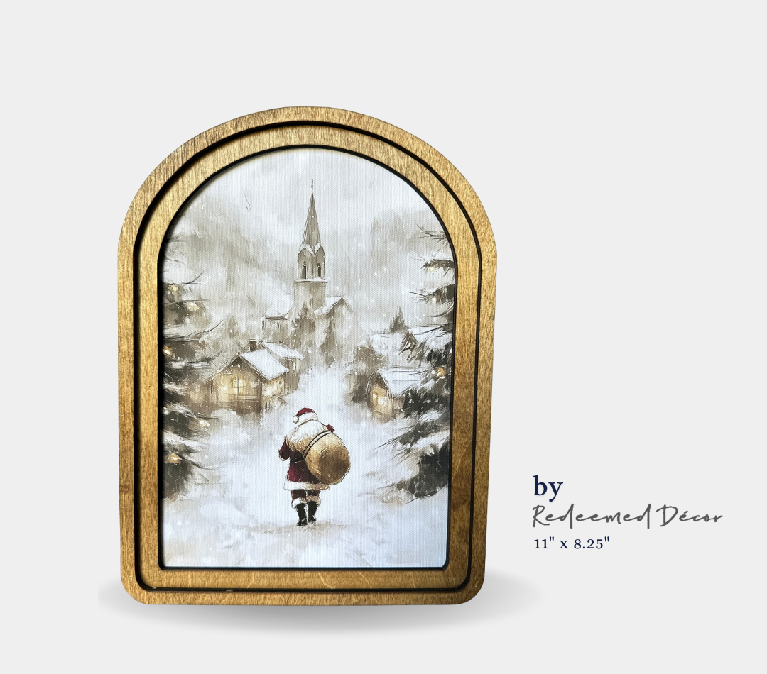 Santa in Village Framed Art by Redeemed Decor