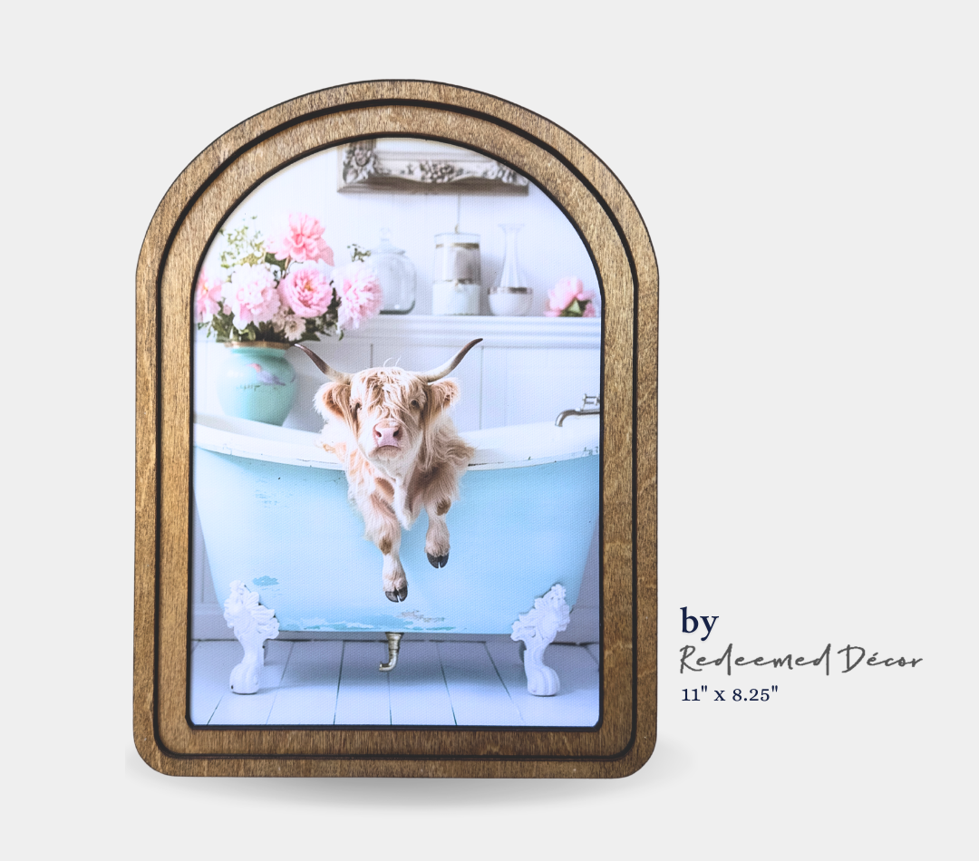 Highland Cow in Tub Framed Art Redeemed Decor
