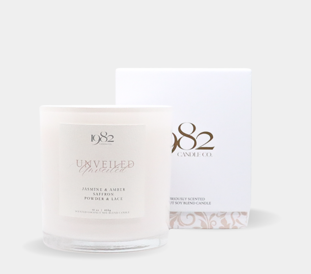 Unveiled (15oz Double Wick) - Notes: Jasmine, Saffron, Amber, Powder & Lace