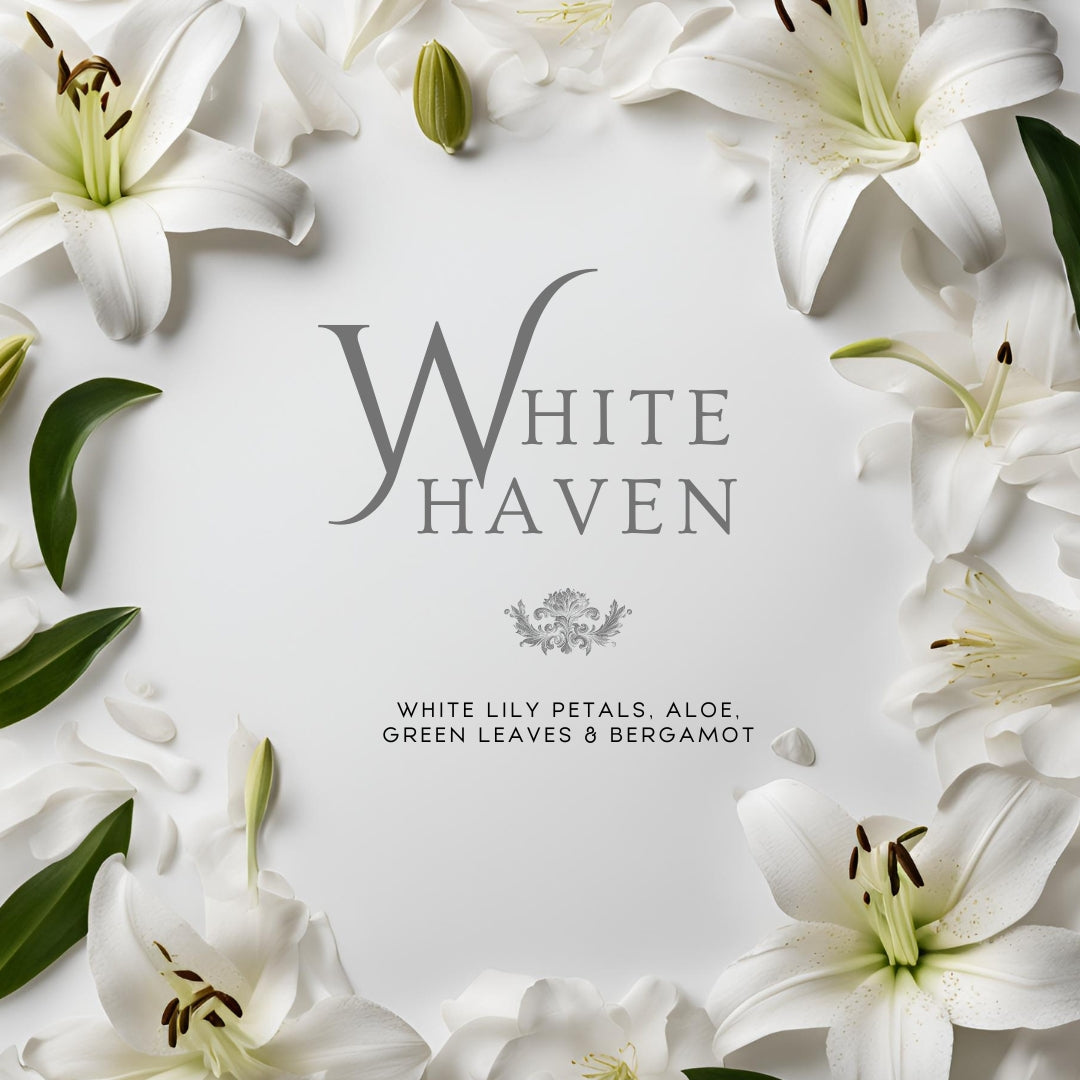White Haven (8.5 oz Single Wick) - Notes: White Lily Petals, Aloe, Green Leaves & Bergamot